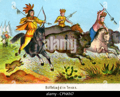 Chasse, chasse au gros gibier, chasse au bison, au Texas, chasse au bison des Indiens rouges avec flèche et arche, lithographie, États-Unis, vers 1860, droits supplémentaires-Clearences-non disponible Banque D'Images