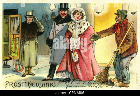 Société, « Prosit Neujahr! » (Bonne année), le balayeur de rue souhaite une bonne année à un couple riche, mendiant pour l'argent, carte du nouvel an, lithographie, Allemagne, vers 1903, droits supplémentaires-Clearences-non disponible Banque D'Images