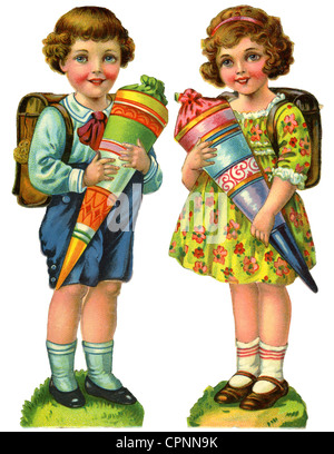 Pédagogie, école, école et écolière avec schultuete, rebuts-image, lithographie, Allemagne, vers 1927, droits additionnels-Clearences-non disponible Banque D'Images