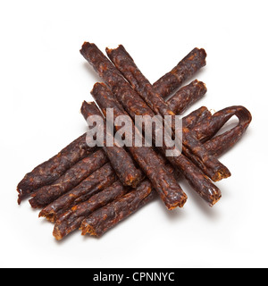 South African épicé Peri peri drywors (saucisson séché) isolated on a white background studio. Banque D'Images