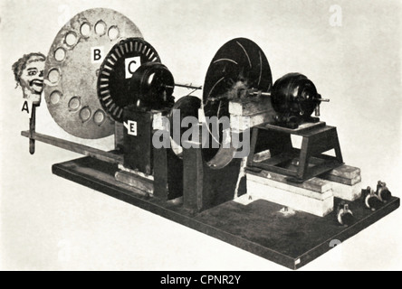 La télévision, la première série télévisée de l'inventeur écossais John Logie Baird, avec un cadran Nipkov (B), a été l'image transmise, la tête de marionnette, scan, célèbre usine pilote, comme modèle Baird a pris la tête de l'ancien mannequin Bill, Londres, Grande-Bretagne, 1925, Additional-Rights-Clearences-not available Banque D'Images