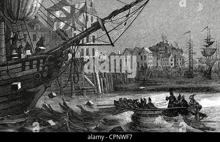 Boston Tea Party (16 décembre 1773). Groupe de colons détruisant plateau du navire de la East India Company. Banque D'Images