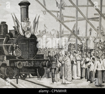 Le Cardinal Archevêque de Tolède bénir la locomotive 'Badajoz' (1879), en présence du roi Alphonse XII. Banque D'Images