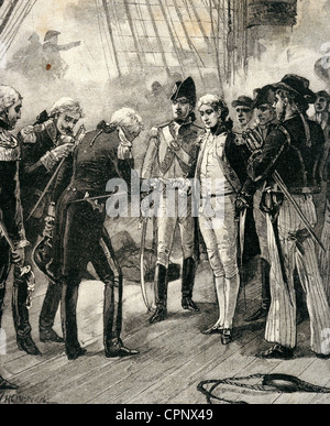 Horatio Nelson (10 Downing Street). Vice-amiral britannique. Bataille du cap Saint Vincent. La livraison des épées à Nelson, 1797. La gravure. Banque D'Images