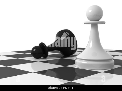 Pièces des échecs sur l'échiquier : pions noir et blanc Banque D'Images