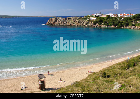 Vue sur la plage et la baie, Arenal d'en Castell, Minorque, Iles Baléares, Espagne Banque D'Images