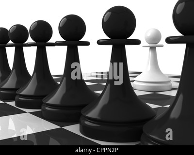 Forme classique pièces des échecs : l'un pion blanc en face de pions noirs sur l'échiquier. Rendu 3d illustration, isolated on white Banque D'Images