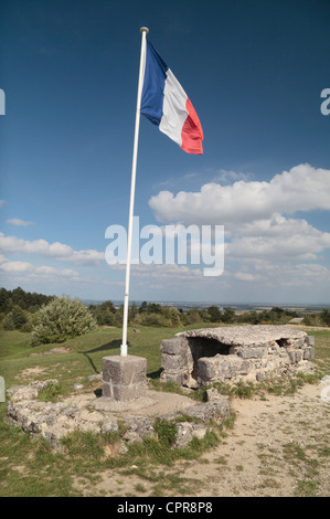 Le Tricolore Français vole au-dessus des vestiges du fort de Vaux, situé dans Vaux-Devant-Douaumont, Meuse, France. Banque D'Images