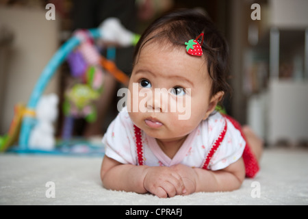 Cute Japanese American girl bébé de quatre mois portant sur une moquette au sol à la recherche d'observation et de son monde. Banque D'Images