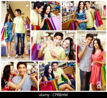 Collage of romantic couple with shopping bags passer du temps dans le centre commercial Banque D'Images