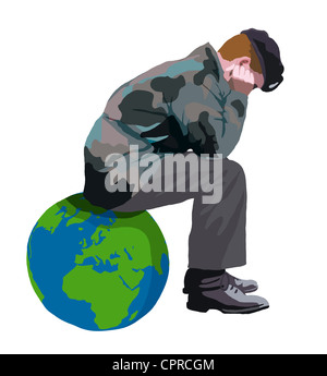 Soldier énorme assis sur la terre, appuyant sa tête dans ses mains. Banque D'Images