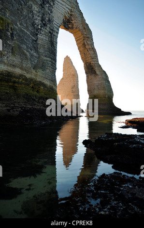 Célèbre a fait l'aiguille et l'arche naturelle de 'Porte d'Aval" à marée basse à Étretat en France Banque D'Images