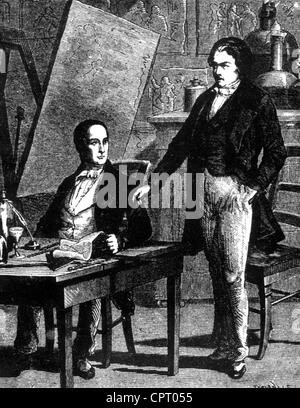 Niepce, Joseph Nicephore, 7.3.1765 - 5.7.1833, scientifique français, co-inventeur de la photographie, pleine longueur, avec Daguerre, gravure sur bois, XIXe siècle, Banque D'Images