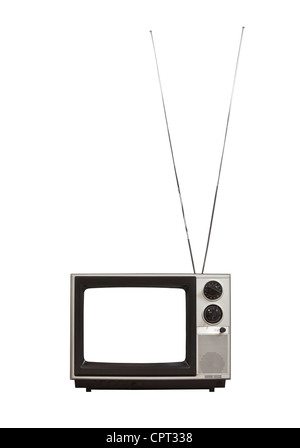 Écran noir de la télévision portable vintage avec de longues antennes. Isolé sur blanc. Banque D'Images