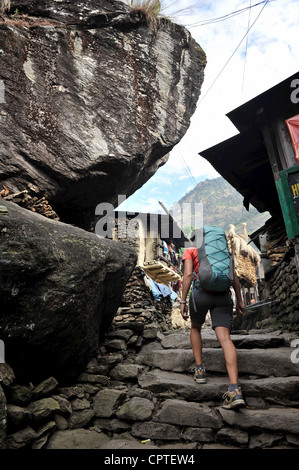 Femme randonnée sur sentier de pierre, Jagat, Népal Banque D'Images