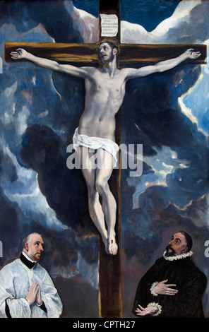 Le Christ en croix adoré par deux donateurs, par El Greco, c. 1590, Musée du Louvre, Paris, France, Europe Banque D'Images