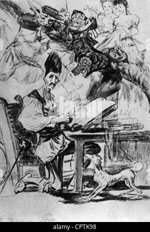 Quichote, Don, personnage d'un roman de Miguel Cervantes Saaverdra, pleine longueur, basé sur Francisco de Goya (1746 - 1828), gravure de Felix Braquemond, 1860, Banque D'Images