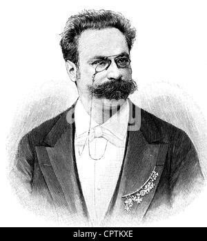 Pollini, Bernhard, 16.12.1838 - 27.11.1897, musicien allemand (chanteur), impresario, portrait avec lunettes, barbe Wilhelmine, médaille, basée sur la photographie (Bieber, Berlin, Allemagne), gravure sur bois, vers 1900, Banque D'Images