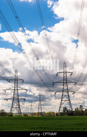 Pylônes électriques dans la campagne la prise du pouvoir à partir de la centrale électrique sizewell dans Suffolk , Angleterre , Angleterre , Royaume-Uni Banque D'Images