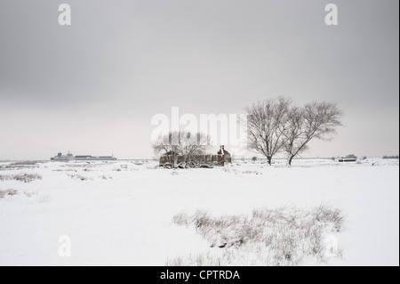 Neige en hiver s'agit de la péninsule Hoo, Kent en Angleterre. De vue le quatrième aéroport de London. Banque D'Images