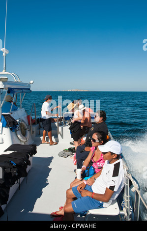 Les plongeurs s'apprête à sauter dans l'eau iles marietas Islas islands national park Réserve de biosphère de l'unesco Puerto Vallarta, Mexique. Banque D'Images