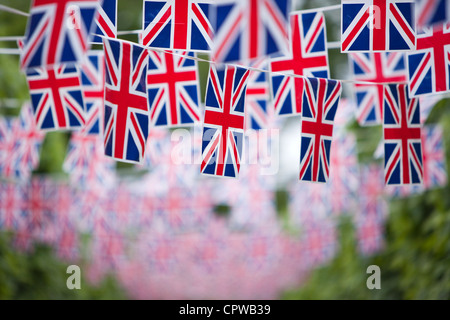 Union Jack noir en pays jardin, England, UK Banque D'Images