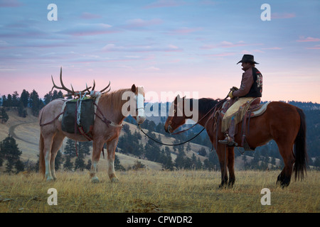 Cowboy à cheval dans le nord-est du Wyoming Banque D'Images