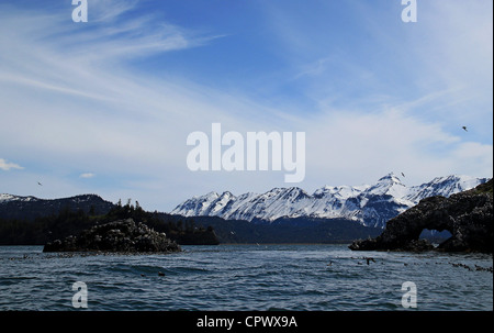 Vue d'un bateau sur l'eau de la baie Kachemak, de l'Alaska à l'île Gull Kenai avec les montagnes en arrière-plan. Banque D'Images