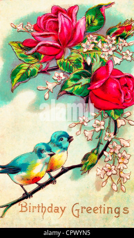 Voeux d'anniversaire - carte vintage avec oiseaux et fleurs Banque D'Images