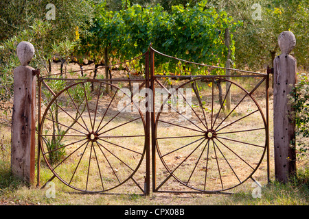 La passerelle de fer forgé ferme près de Montalcino, Val D'Orcia, Toscane, Italie Banque D'Images