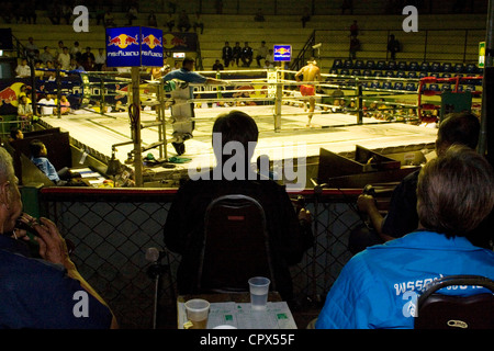 Le point de vue des musiciens ont du Muay Thai dans le Rajadamnern Stadium, Bangkok. Banque D'Images