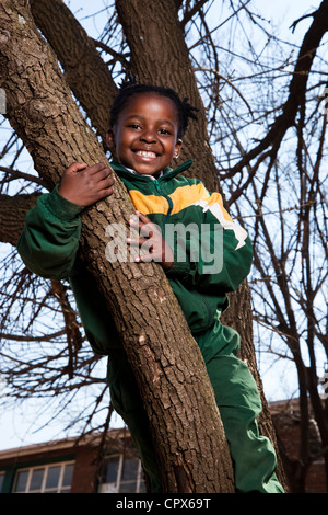 Une jeune fille dans un arbre, l'école primaire, Meyerton Meyerton, Gauteng Banque D'Images