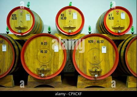 La Fornace vin Brunello di Montalcino stockées dans des barils à la barrique wine estate de la Fornace à Val D'Orcia, Toscane Italie Banque D'Images
