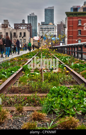 Le parc High Line construit sur l'ancienne voie ferrée surélevée dans Manhattan de Bryant Park, New York City Banque D'Images