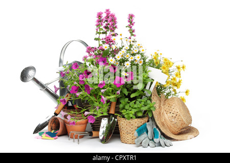 Outils de jardinage et de fleurs isolé sur blanc. Banque D'Images