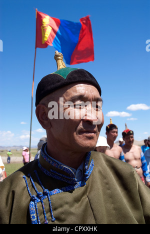 La Mongolie, Naadam Festival national des lutteurs, en face de l'indicateur Mongol Banque D'Images