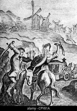 Don Quichotte, caractère, dans un roman de Miguel Cervantès (1547 - 1616), Combats, gravure sur cuivre de Colin à l'édition française, 1700, l'artiste n'a pas d'auteur pour être effacé Banque D'Images