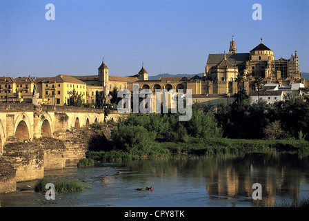 Espagne, Andalousie, Cordoue, Grande Mosquée vu à travers la rivière Guadalquivir, pont romain (archives) Banque D'Images