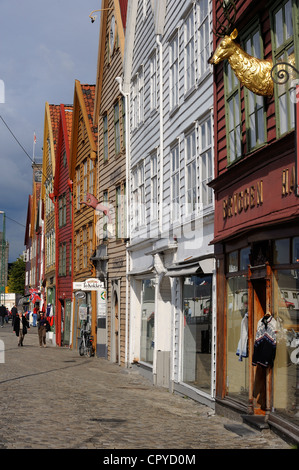 La Norvège, le comté de Hordaland, Bergen, maisons en bois dans le quartier de Bryggen, classé au Patrimoine Mondial de l'UNESCO, ancien poste de traite de la Banque D'Images