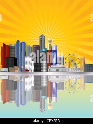 Singapore City Skyline Réflexion sur l'embouchure de la rivière Singapour avec rayons de soleil Illustration d'arrière-plan Banque D'Images