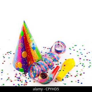 Partie anniversaire nouvelle année articles sur fond blanc Banque D'Images