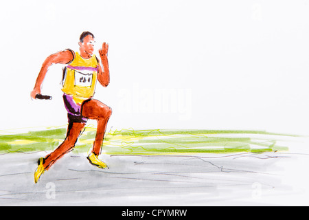 Course de relais, athlétisme, dessin de l'artist Gerhard Kraus, Kriftel, illustration Banque D'Images