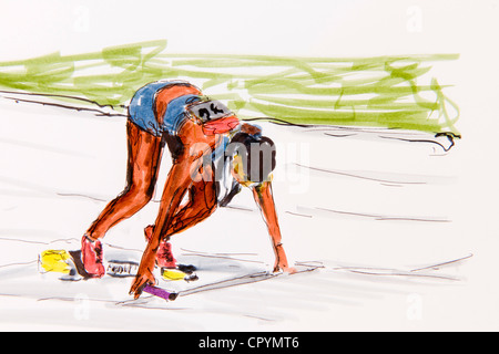 Début d'une coureuse, athlétisme, dessin de l'artist Gerhard Kraus, Kriftel, illustration Banque D'Images
