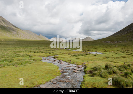 Clair ruisseau de montagne serpentant dans une haute vallée, vallée de la Tsotup-tchou près du col Shug-La, vaste paysage de montagne Banque D'Images