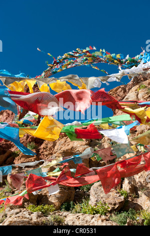 Les drapeaux de prières colorés voletant dans le vent, le bouddhisme tibétain, Choku Gompa monastère, chemin des pèlerins Banque D'Images