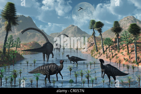 Point d'eau. Bec de dinosaures sauropodes & Co-Existing ensemble en paix. Banque D'Images