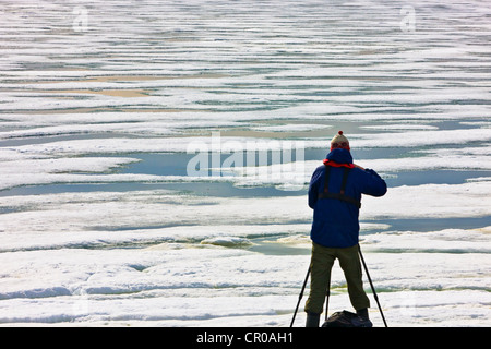 Tourist photographing glace congelée dans l'océan Arctique, Spitzberg, Norvège, Sorgfjord Banque D'Images