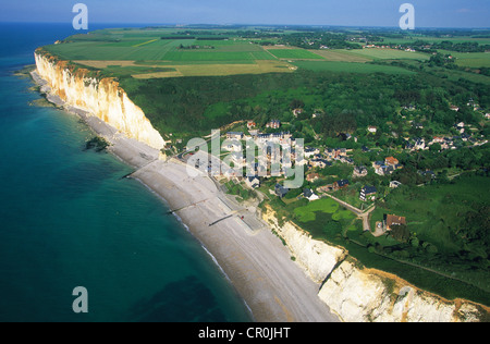 France, Seine Maritime, Pays de Caux, Cote d'Albatre, Les Petites Dalles falaises (vue aérienne) Banque D'Images