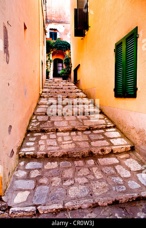 Escaliers dans une étroite ruelle, Rio nell'Elba, Elba Island, Italy, Europe Banque D'Images