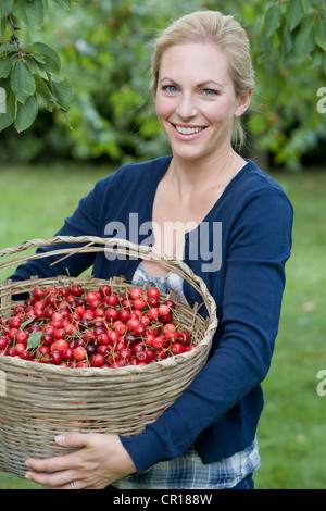 Femme transportant panier de cerises Banque D'Images